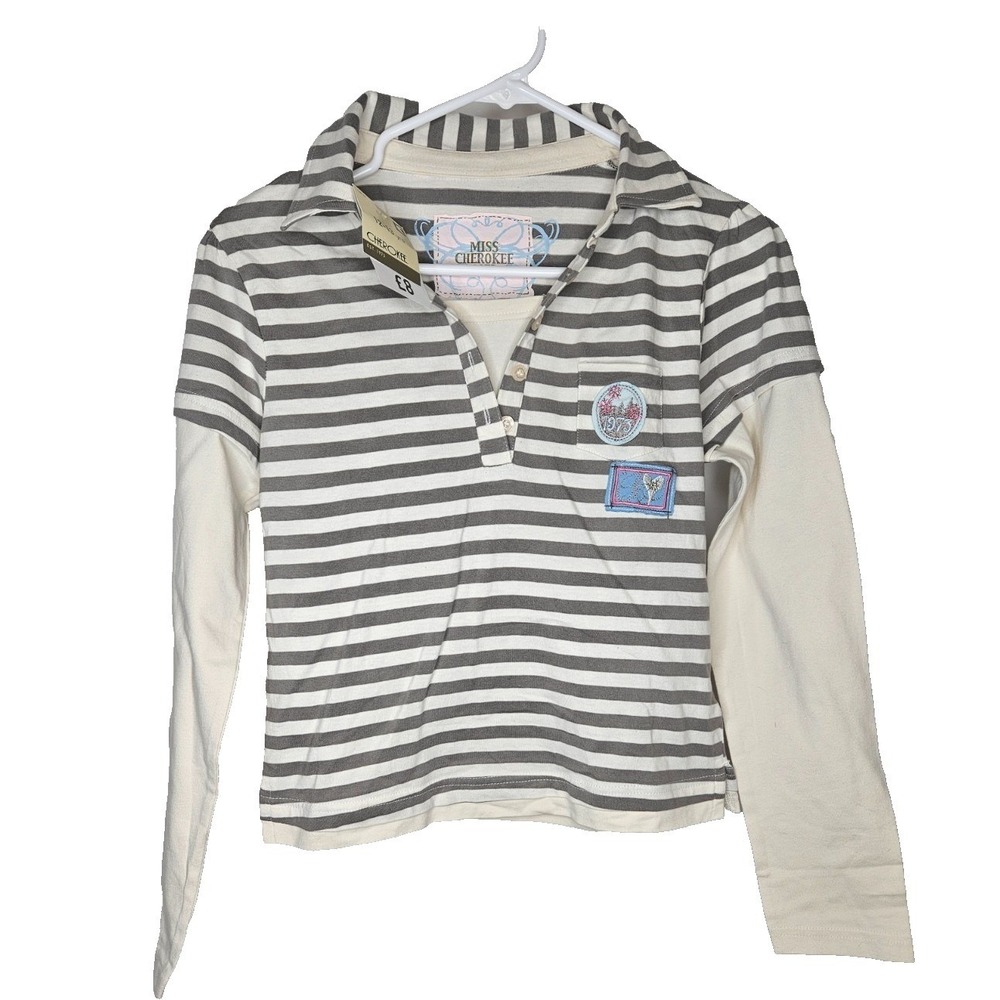 Cherokee Girls Striped Long Sleeve Polo Shirt Size 8 Gray‎ Cream Layered